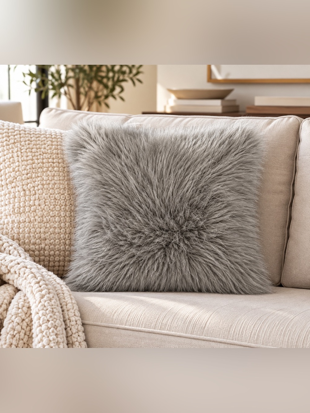Plush Faux Fur Throw Pillow - Gray 16 by 16